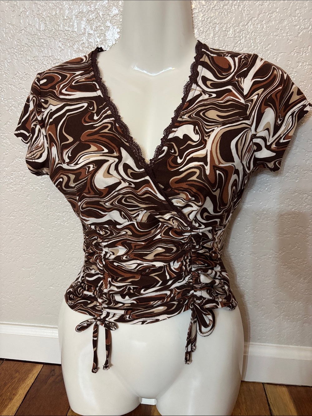 Almost Famous Brown and Cream Swirl Wrap Top